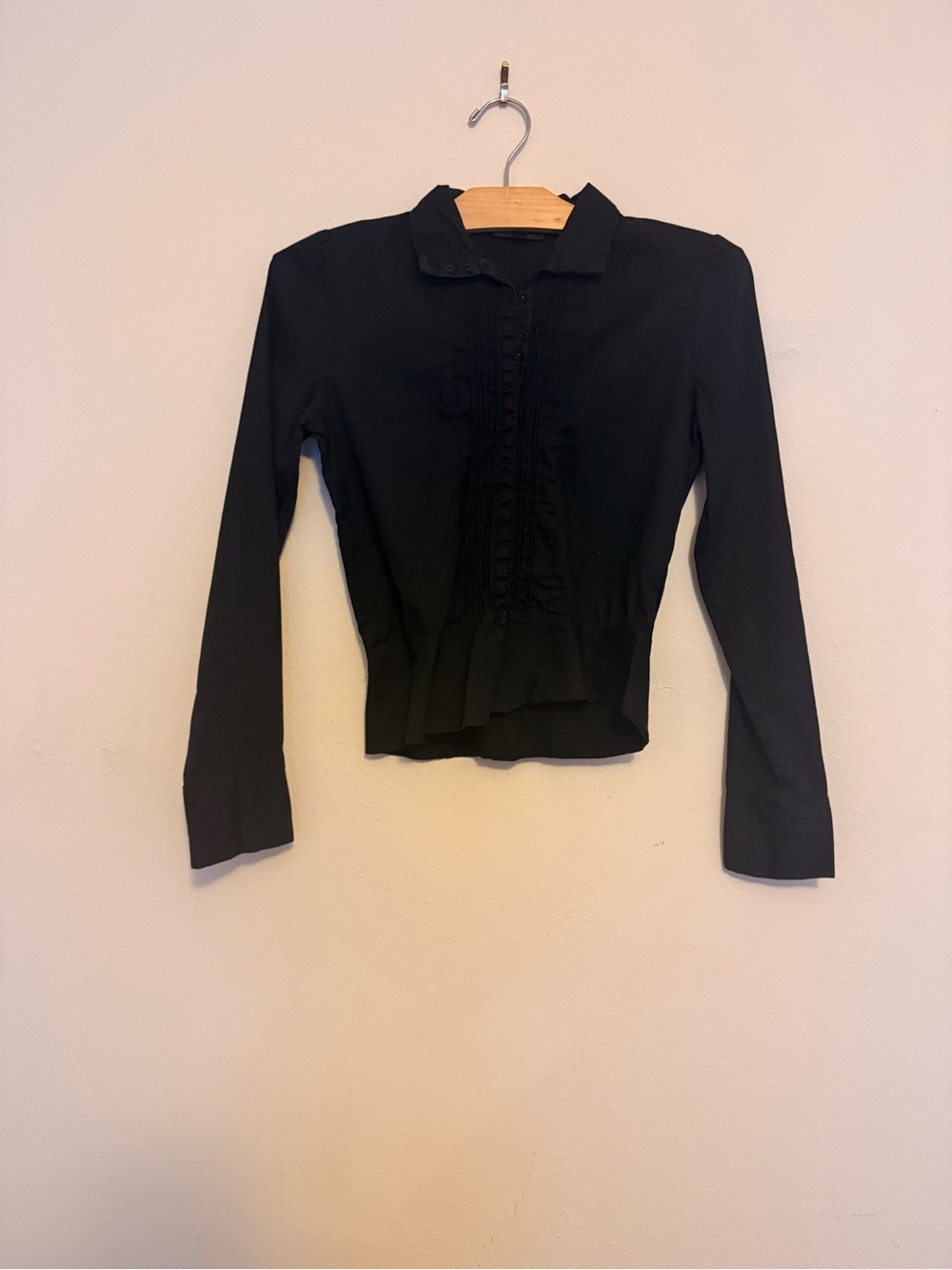 Classic Black Ruffle-Front Button Down Shirt